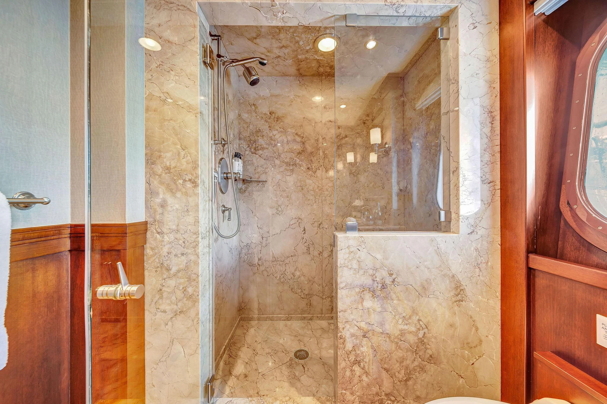a bathroom with a shower aboard VALHALLA Yacht for Sale