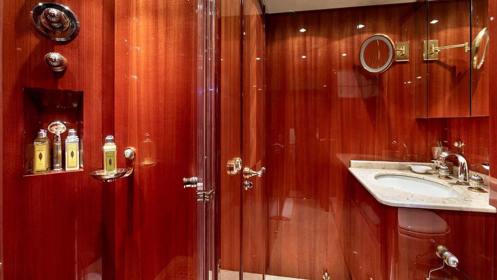 a bathroom with a sink and a shower aboard KIDI ONE Yacht for Sale