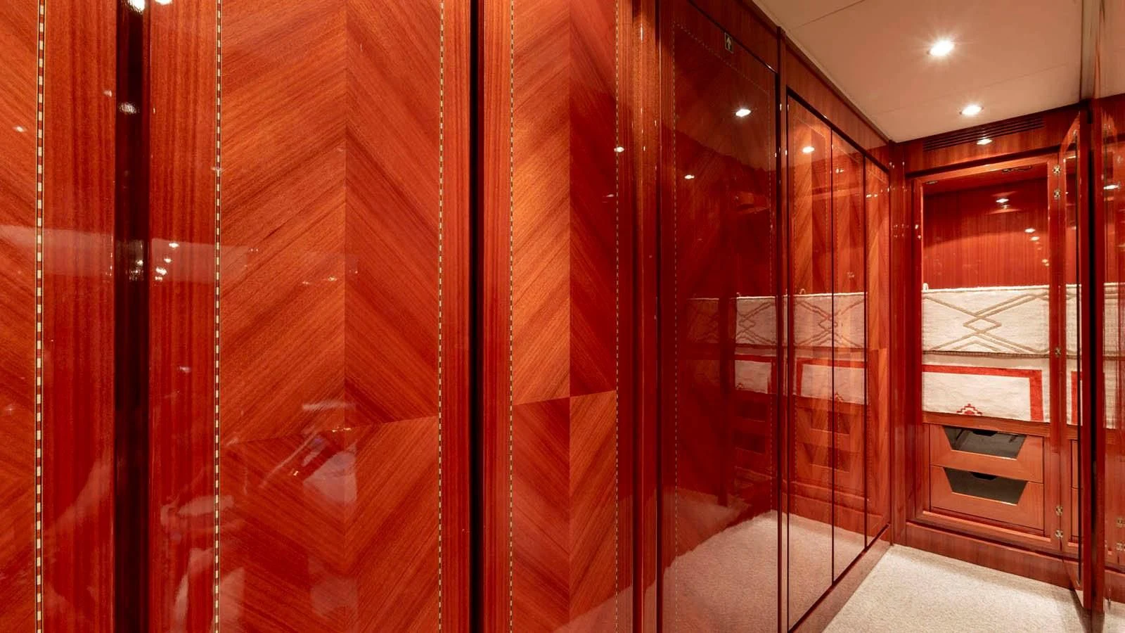 a room with wooden walls aboard KIDI ONE Yacht for Sale