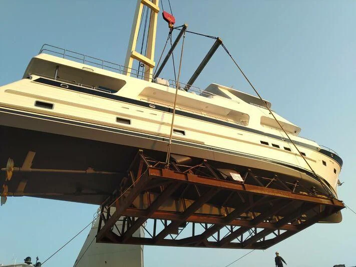 a large boat on a dock aboard JULIANNE Yacht for Sale