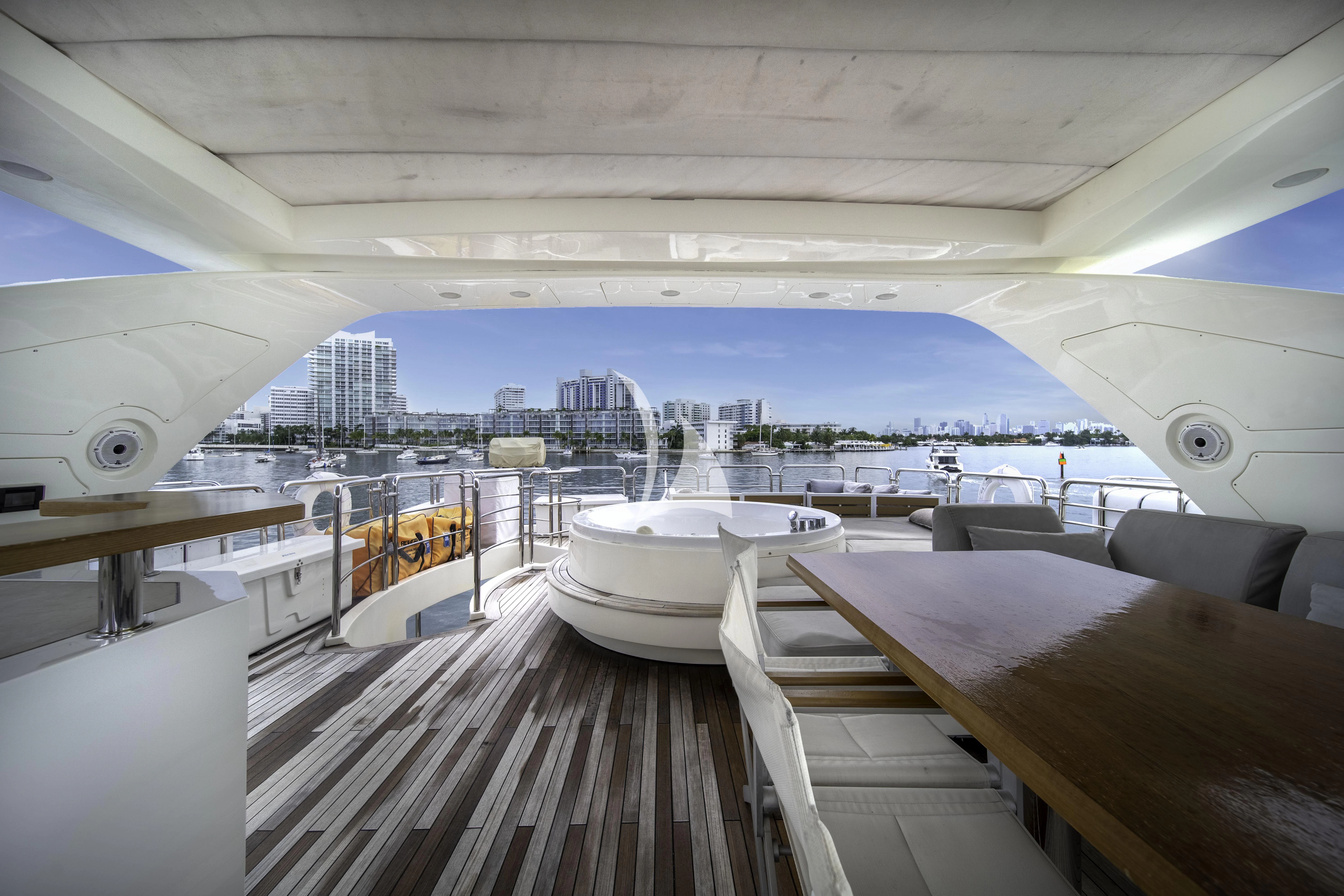 a deck with a view of a city and water aboard SKY Yacht for Sale