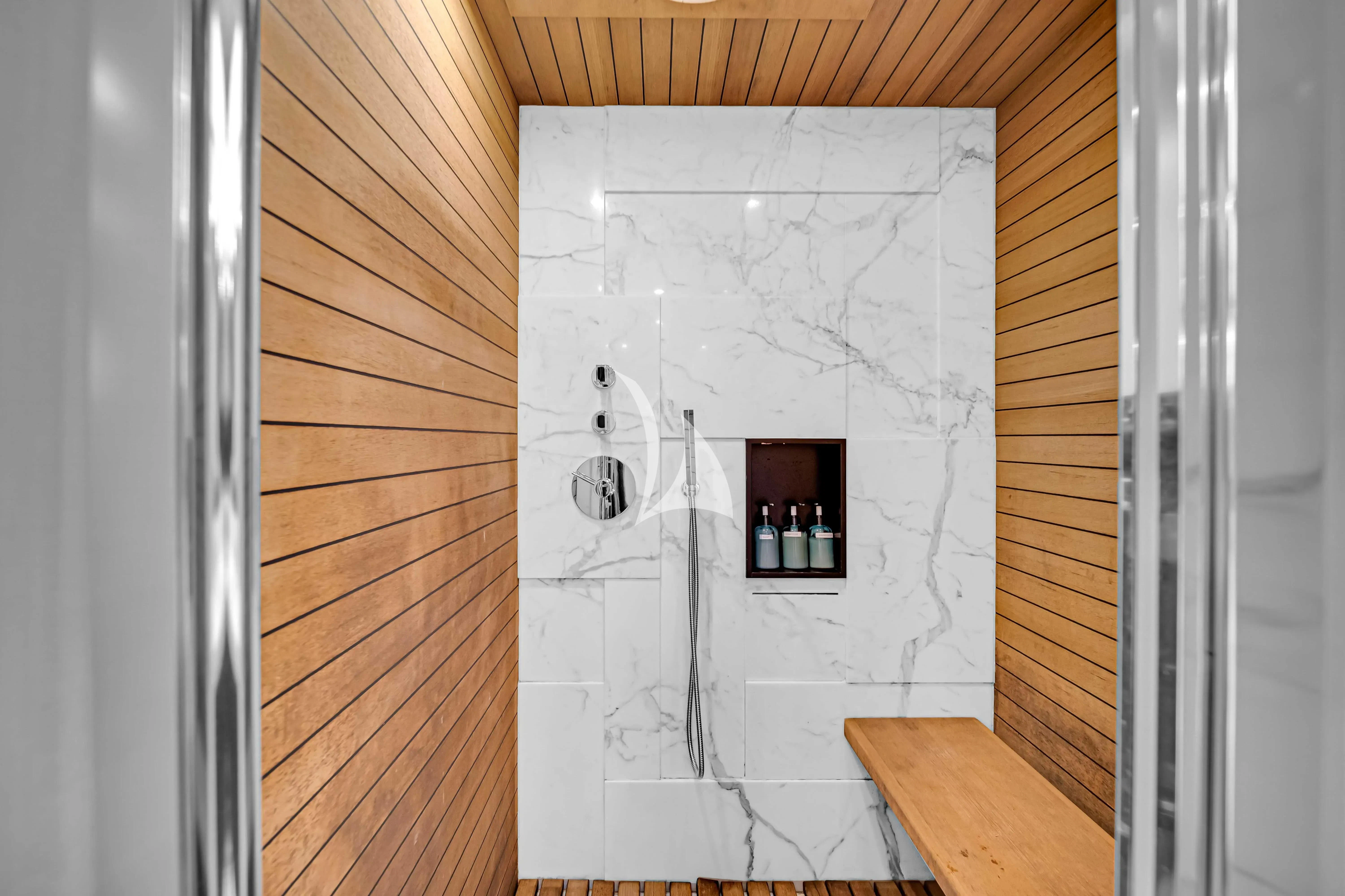 a door with a glass window aboard SKY Yacht for Sale