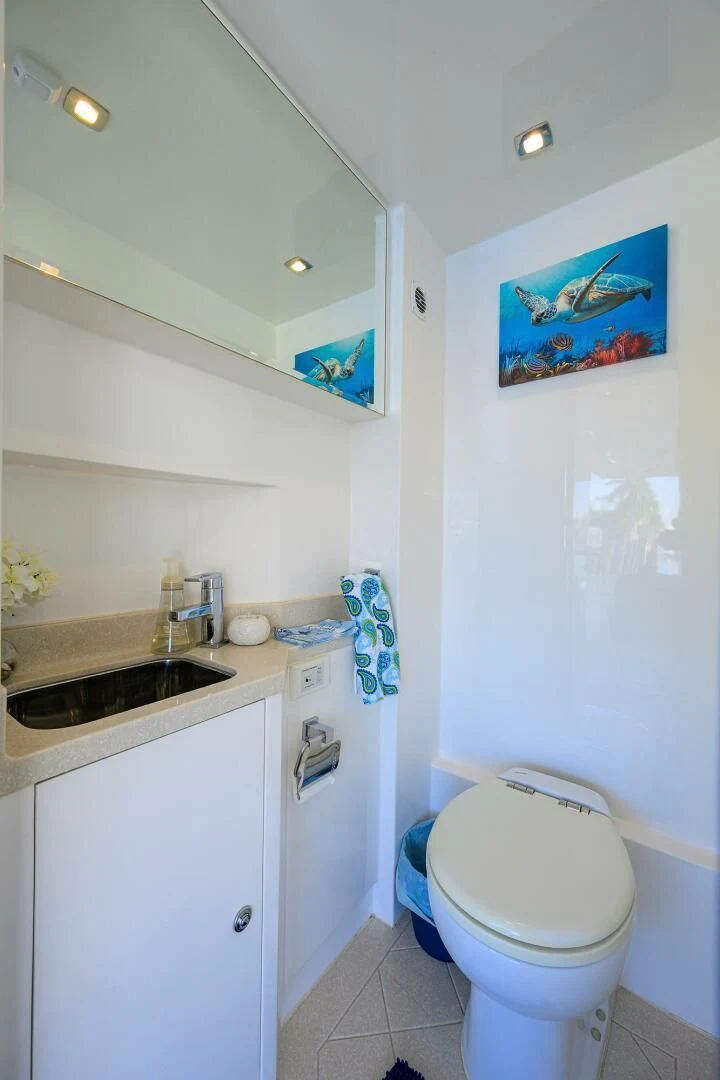 a bathroom with a toilet sink and a mirror aboard FUJIMO Yacht for Sale