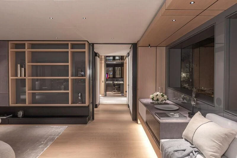a modern looking living room aboard ACE Yacht for Sale