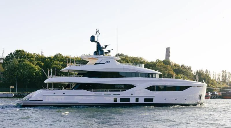 a large white yacht aboard ACE Yacht for Sale