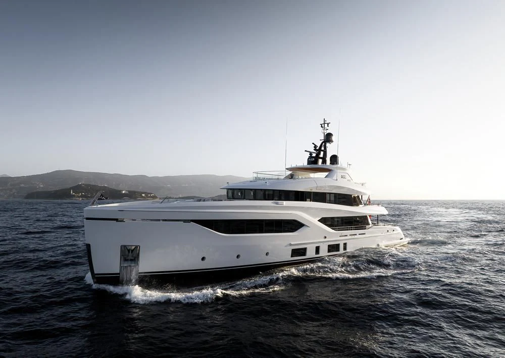 a white boat in the water aboard ACE Yacht for Sale