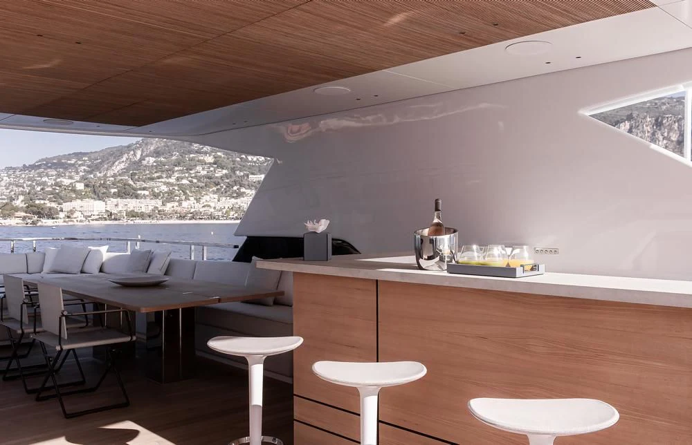 a kitchen with a large window aboard ACE Yacht for Sale