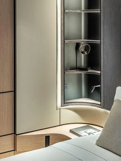 a black shelf with a silver faucet aboard ACE Yacht for Sale