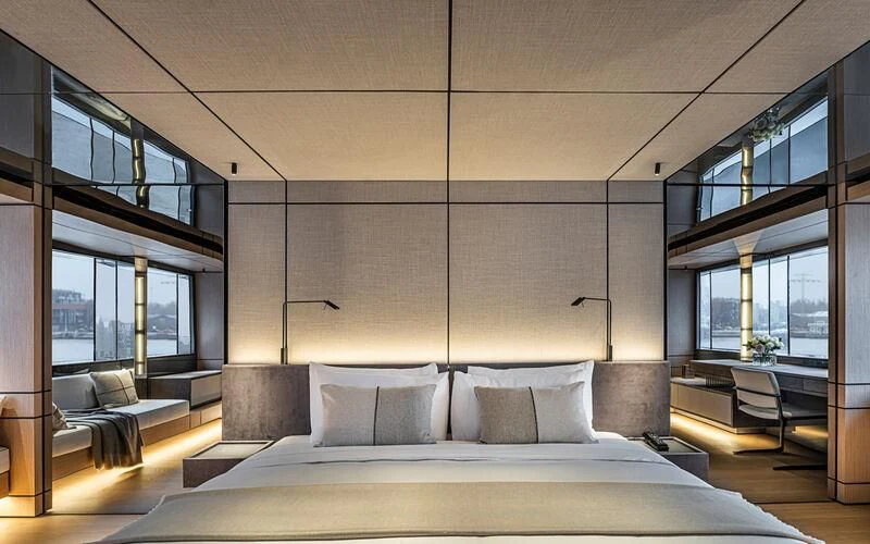 a large bed in a room aboard ACE Yacht for Sale