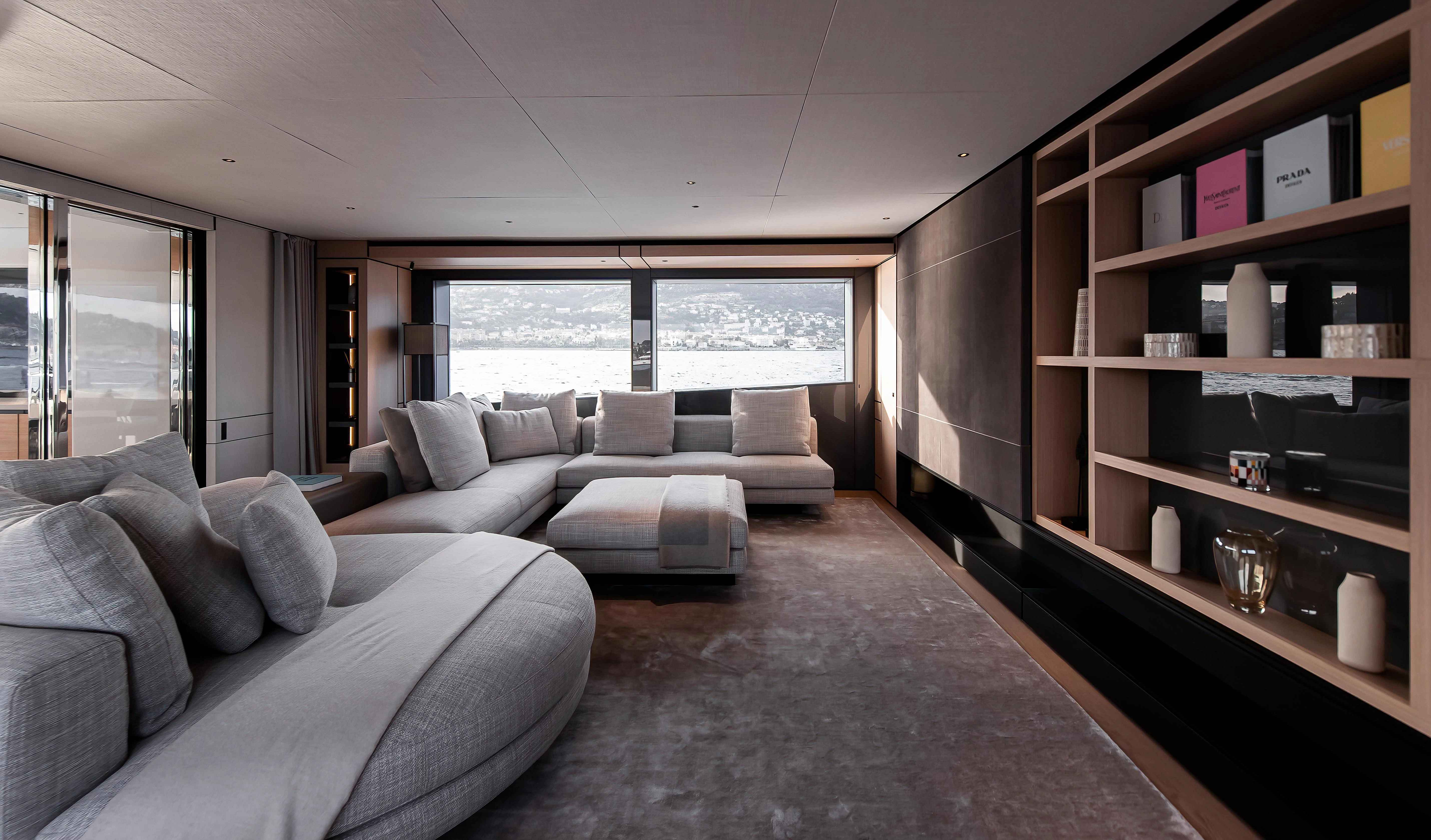 a living room with a large window aboard ACE Yacht for Sale