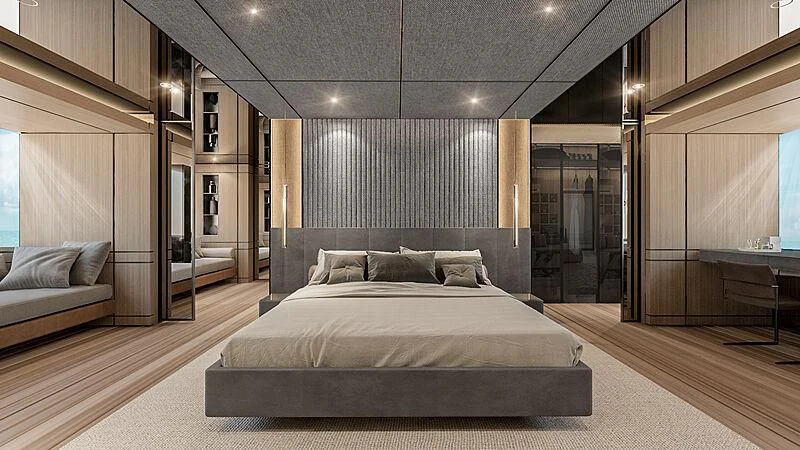 a large bedroom with a large bed aboard ACE Yacht for Sale