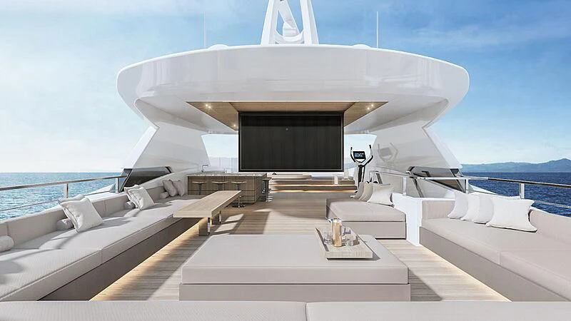 a building with a black roof and white walls and a black fireplace aboard ACE Yacht for Sale