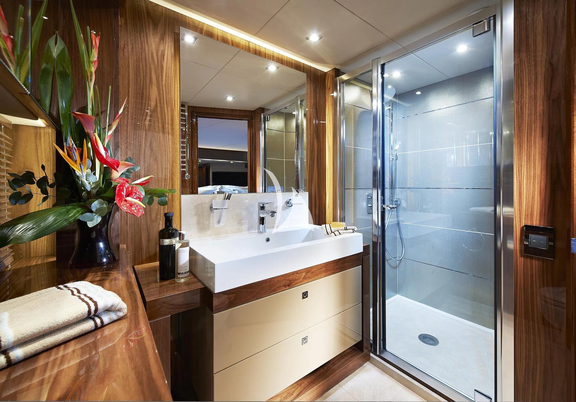 a bathroom with a sink and a shower aboard HIGH ENERGY Yacht for Sale