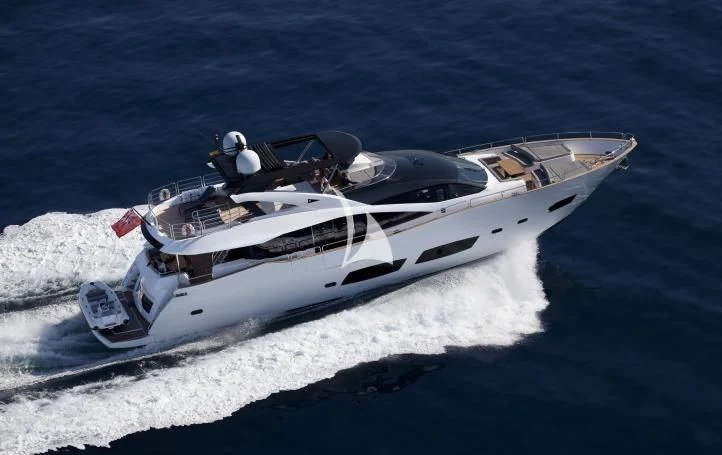 a white car driving on water aboard HIGH ENERGY Yacht for Sale