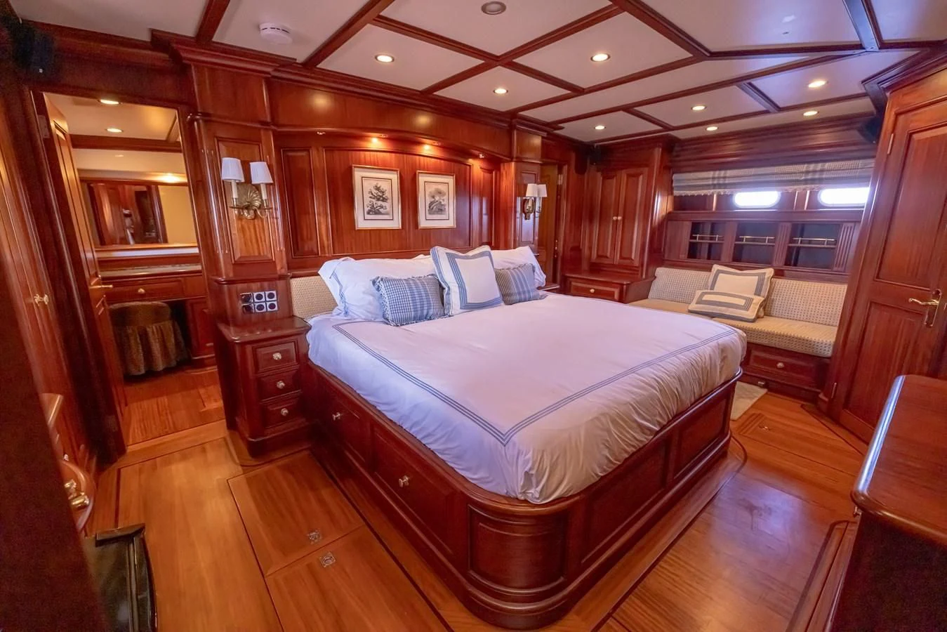 a room with a bed and a desk aboard 85 CLASSIC Yacht for Sale