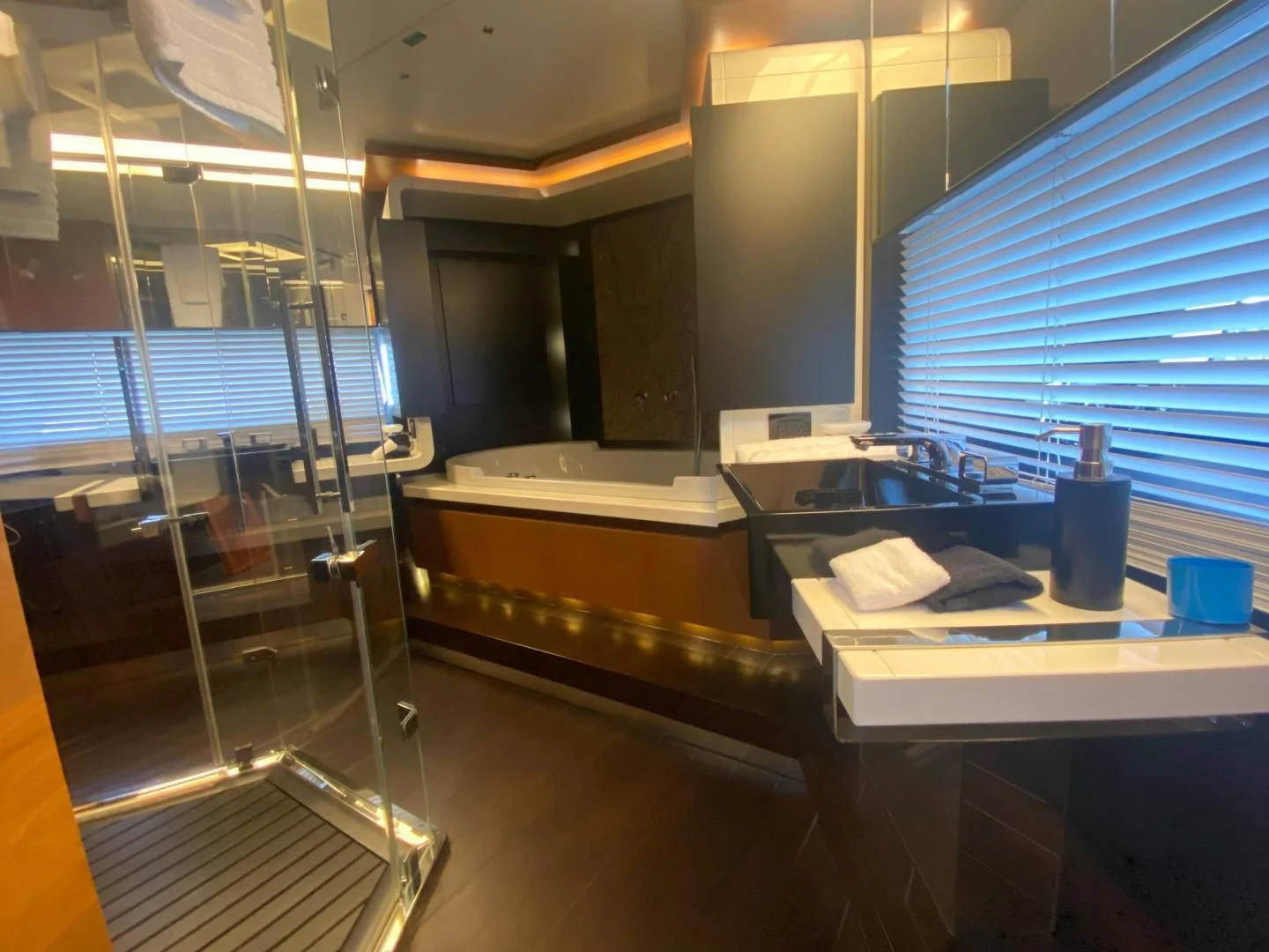 a kitchen with a sink and a window aboard LA TACHE Yacht for Sale