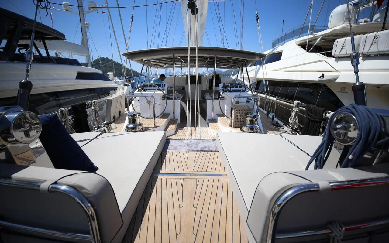 a deck with boats and a canopy aboard UBI BENE Yacht for Charter