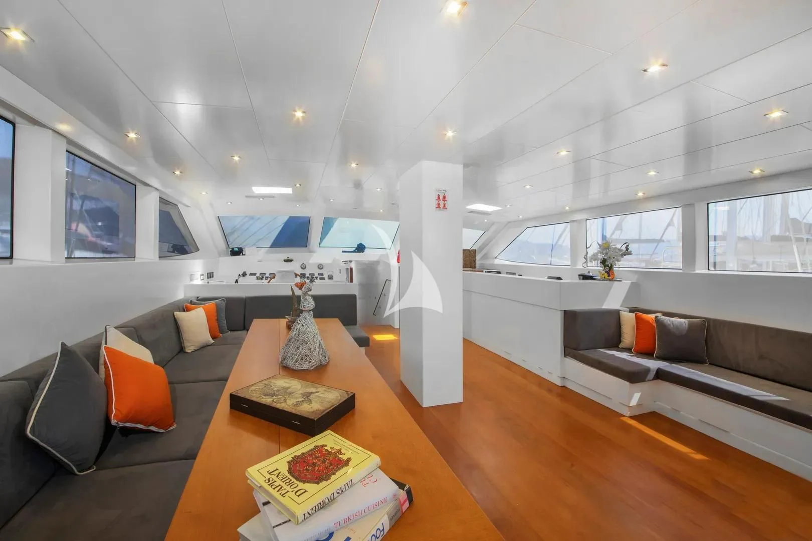 a modern looking living room aboard UBI BENE Yacht for Charter