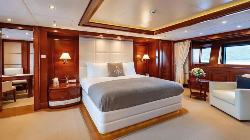a large bed in a hotel room aboard TIREA Yacht for Sale