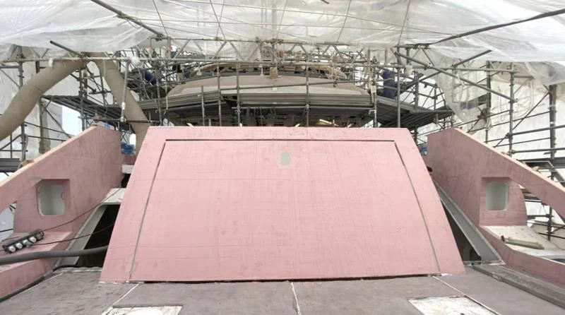 a large red roof with a white roof aboard TIREA Yacht for Sale