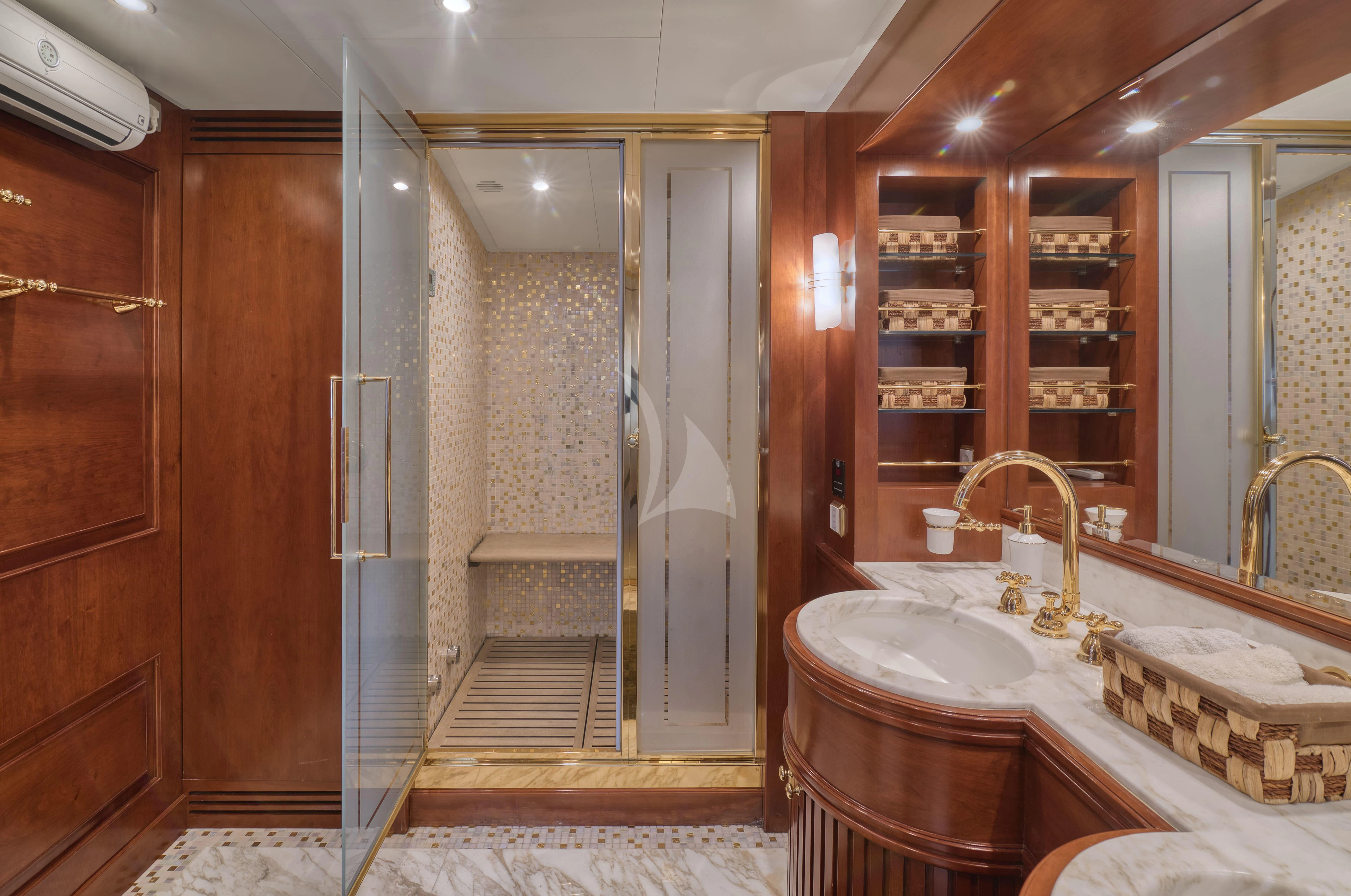 a bathroom with a sink and a shower aboard TIREA Yacht for Sale