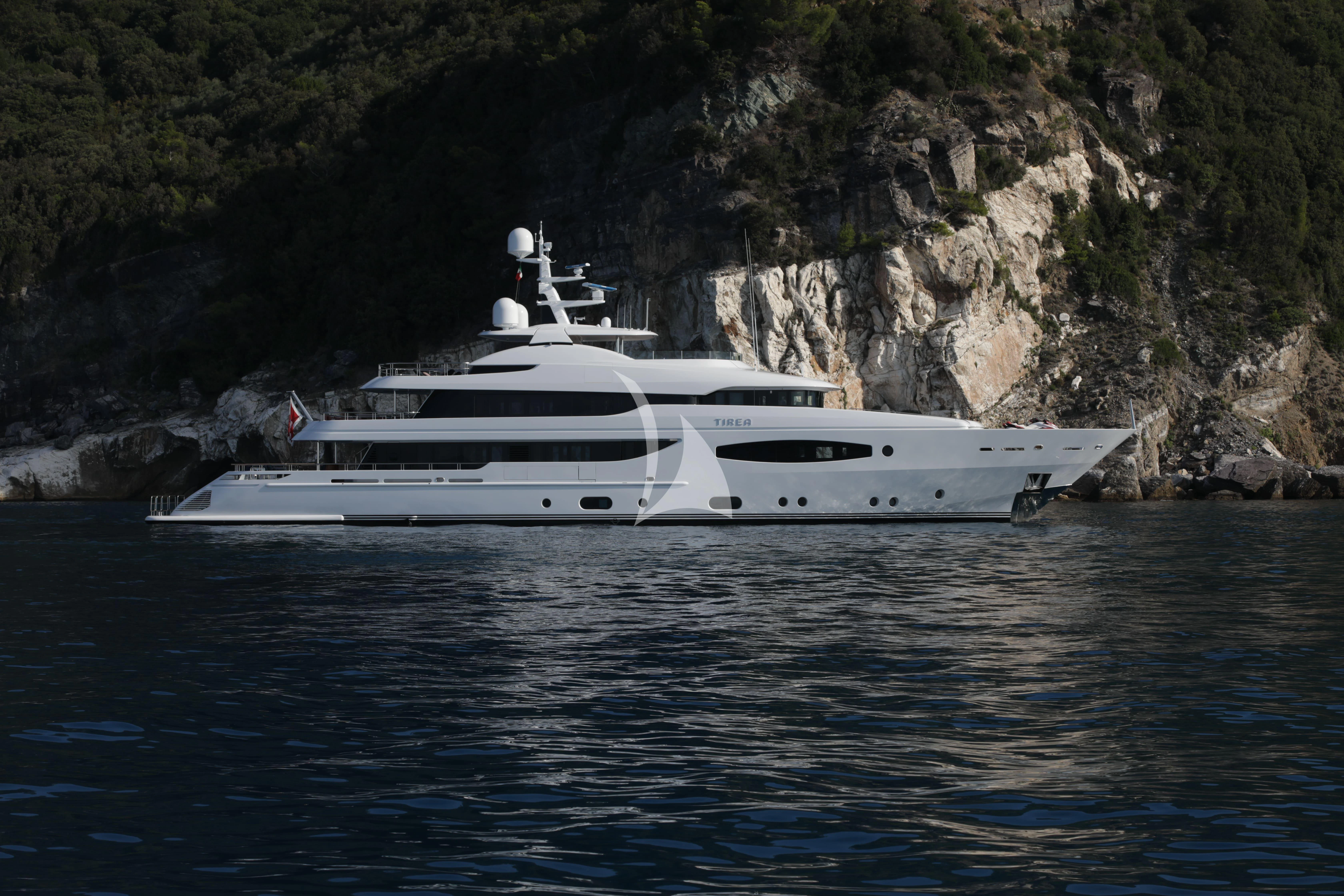a white yacht on the water aboard TIREA Yacht for Sale