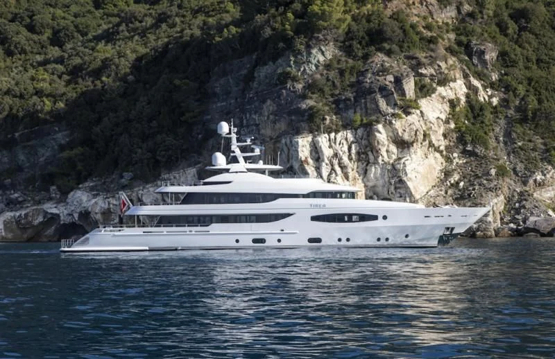 a white yacht on the water aboard TIREA Yacht for Sale