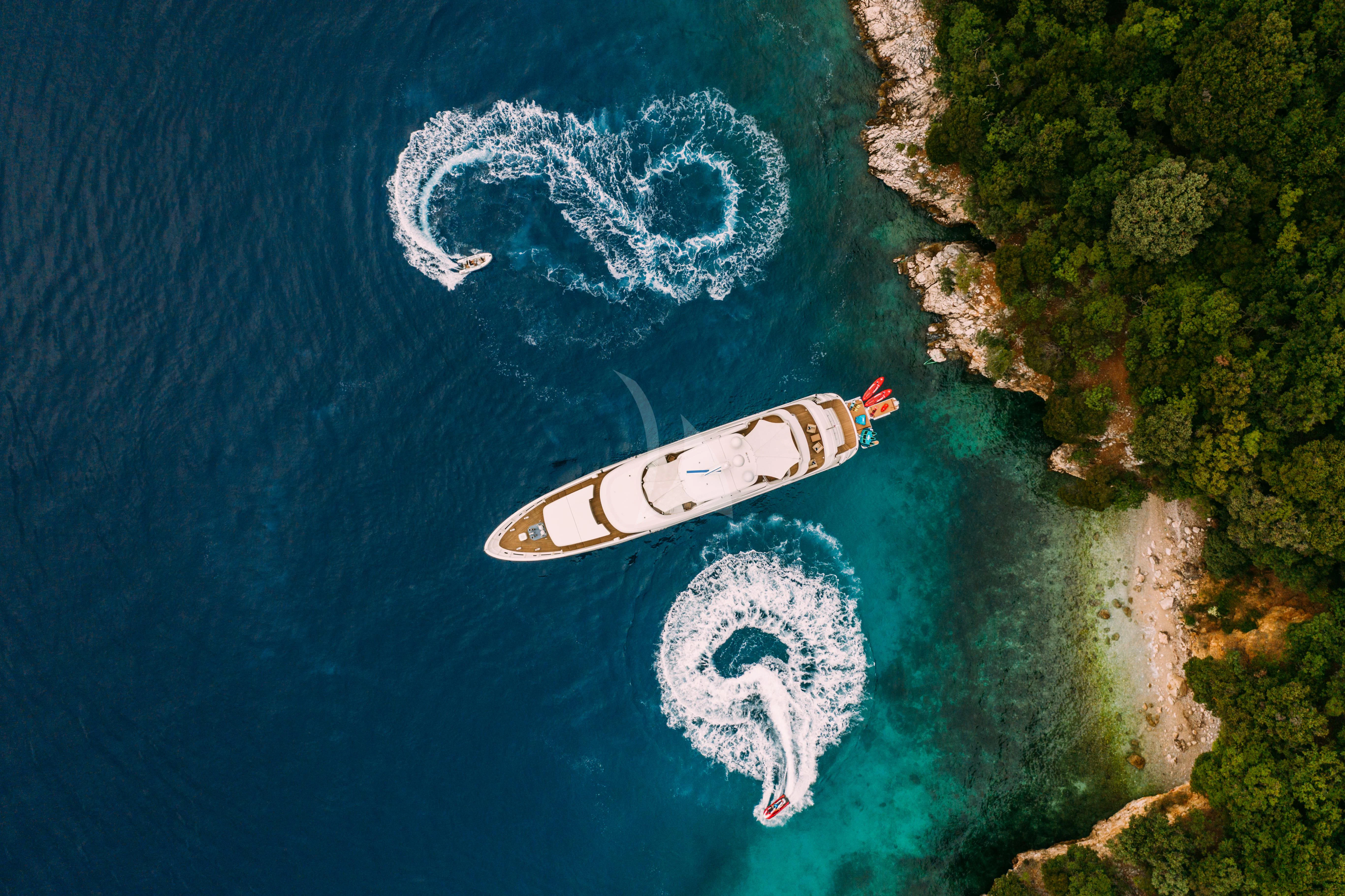 an aerial view of a beach and ocean aboard TIREA Yacht for Sale