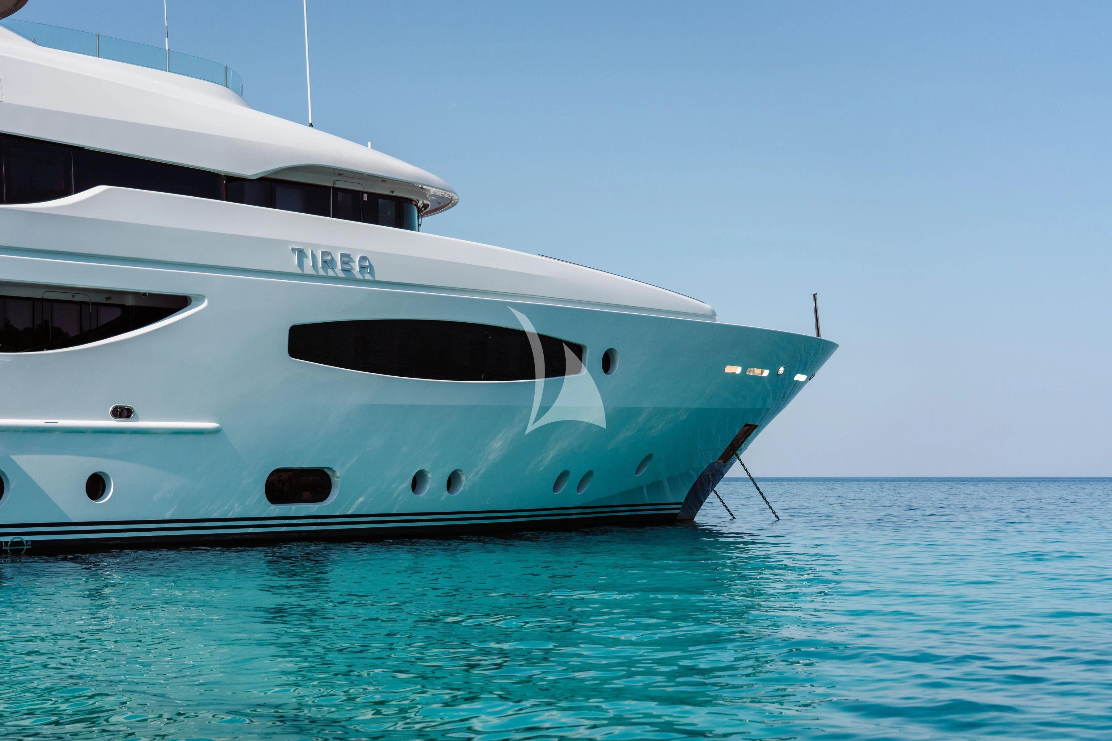 a white yacht in the water aboard TIREA Yacht for Sale