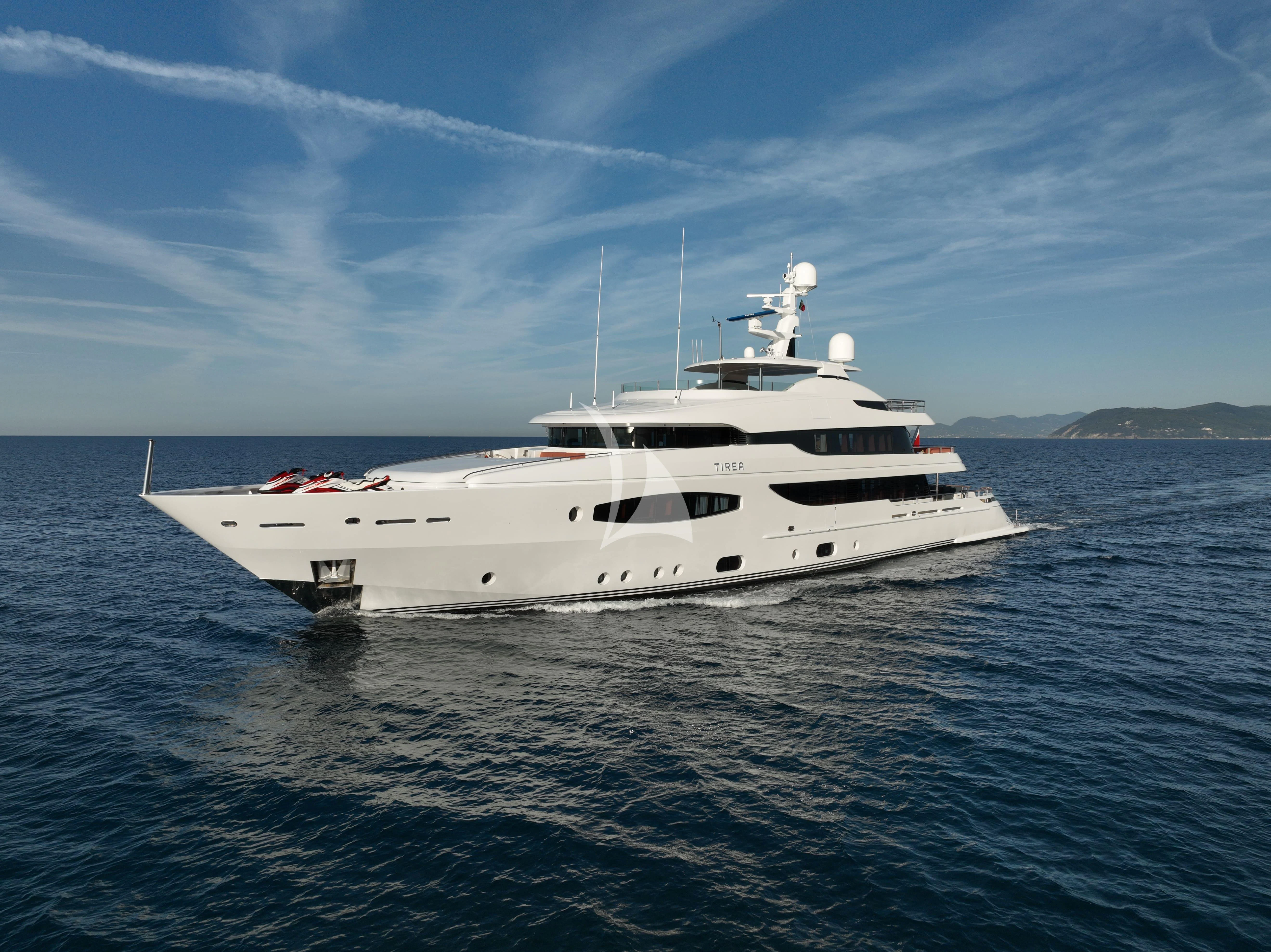 a white yacht in the water aboard TIREA Yacht for Sale