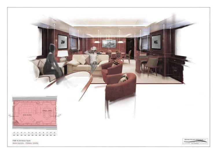 a person sitting on a couch in a living room aboard TIREA Yacht for Sale