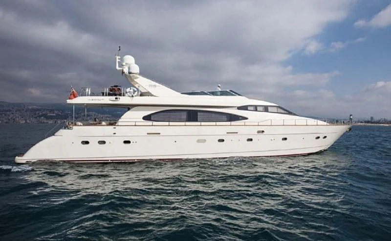 a white yacht in the water aboard TITAN Yacht for Sale