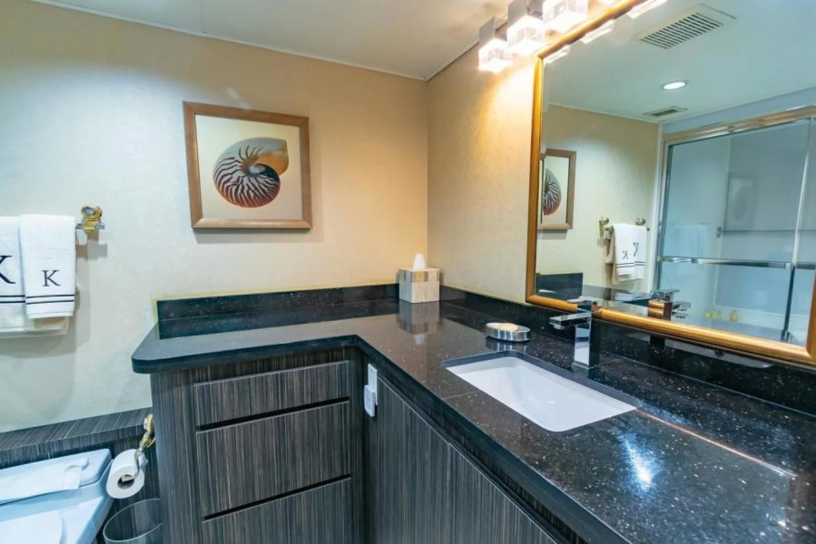 a bathroom with a countertop sink and a large mirror aboard K Yacht for Sale
