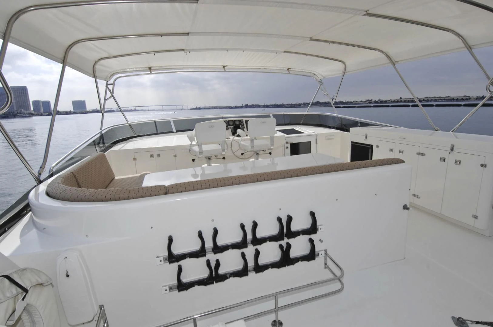 a white boat with a black text on it aboard MOONSHADOW Yacht for Sale