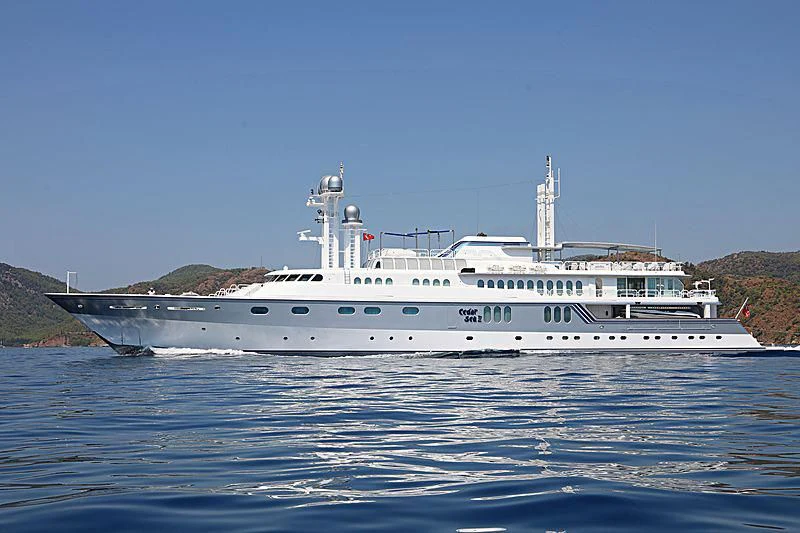 a large white boat on the water aboard CEDAR SEA II Yacht for Sale