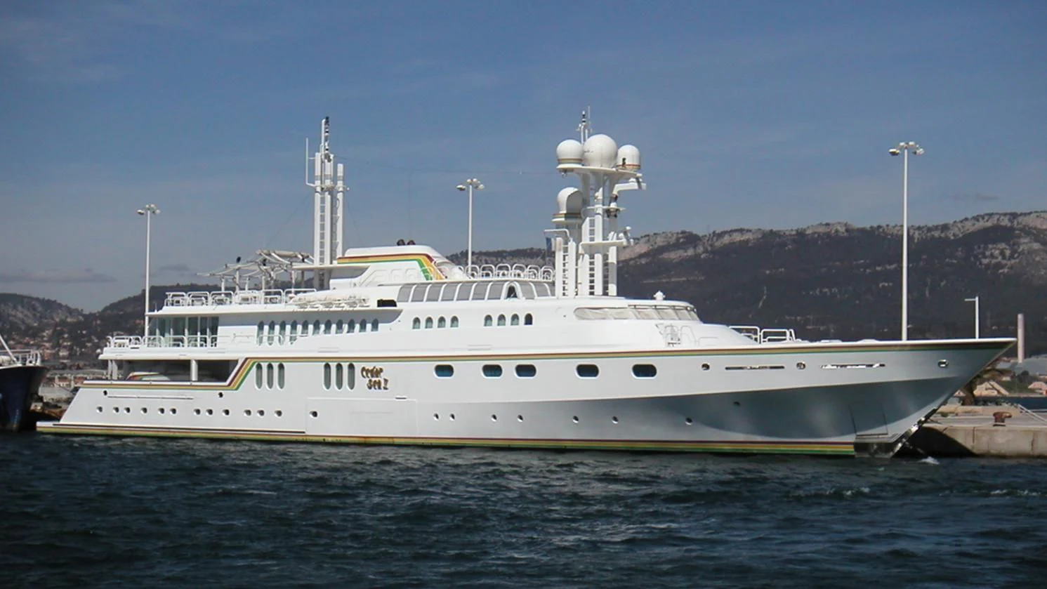 a large white ship aboard CEDAR SEA II Yacht for Sale