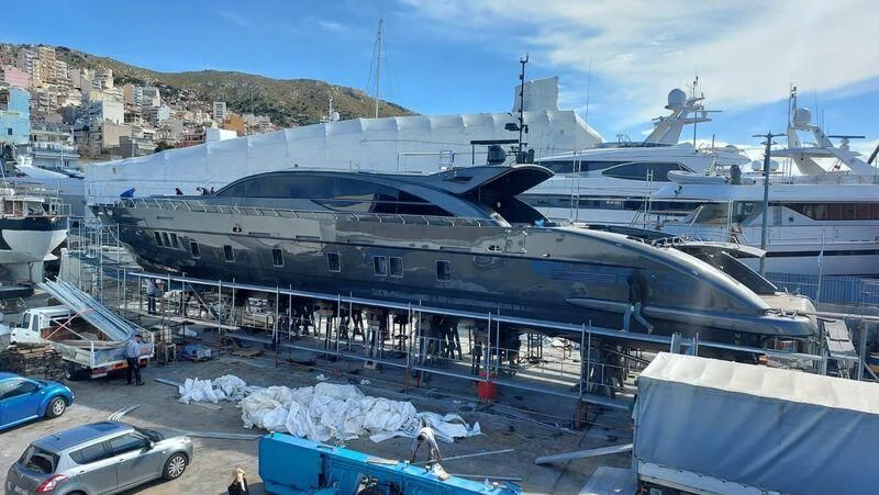 a large ship docked aboard EVA Yacht for Charter
