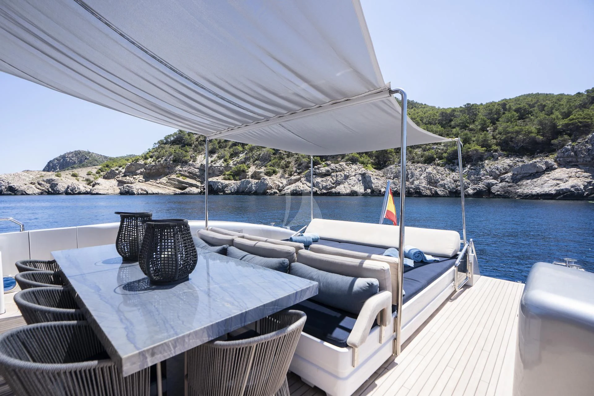 a table and chairs on a boat aboard EVA Yacht for Charter