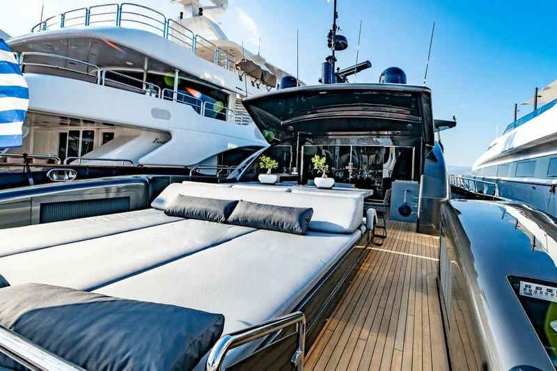 a boat docked at a pier aboard EVA Yacht for Charter