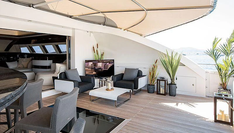 a living room with a large open roof aboard GEMS 2 Yacht for Sale