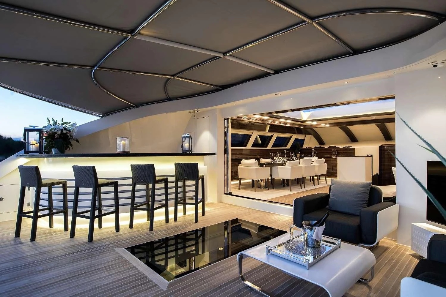 a modern house with a large open roof aboard GEMS 2 Yacht for Sale