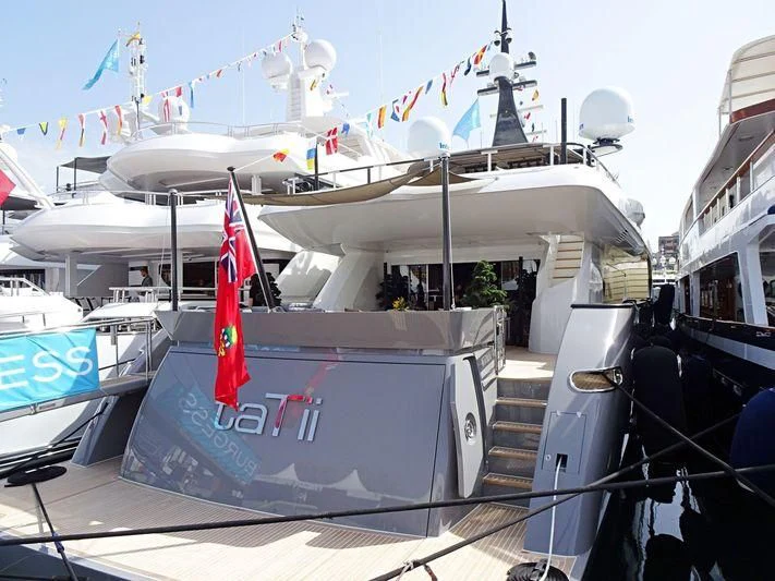 a boat with flags on it aboard GEMS 2 Yacht for Sale