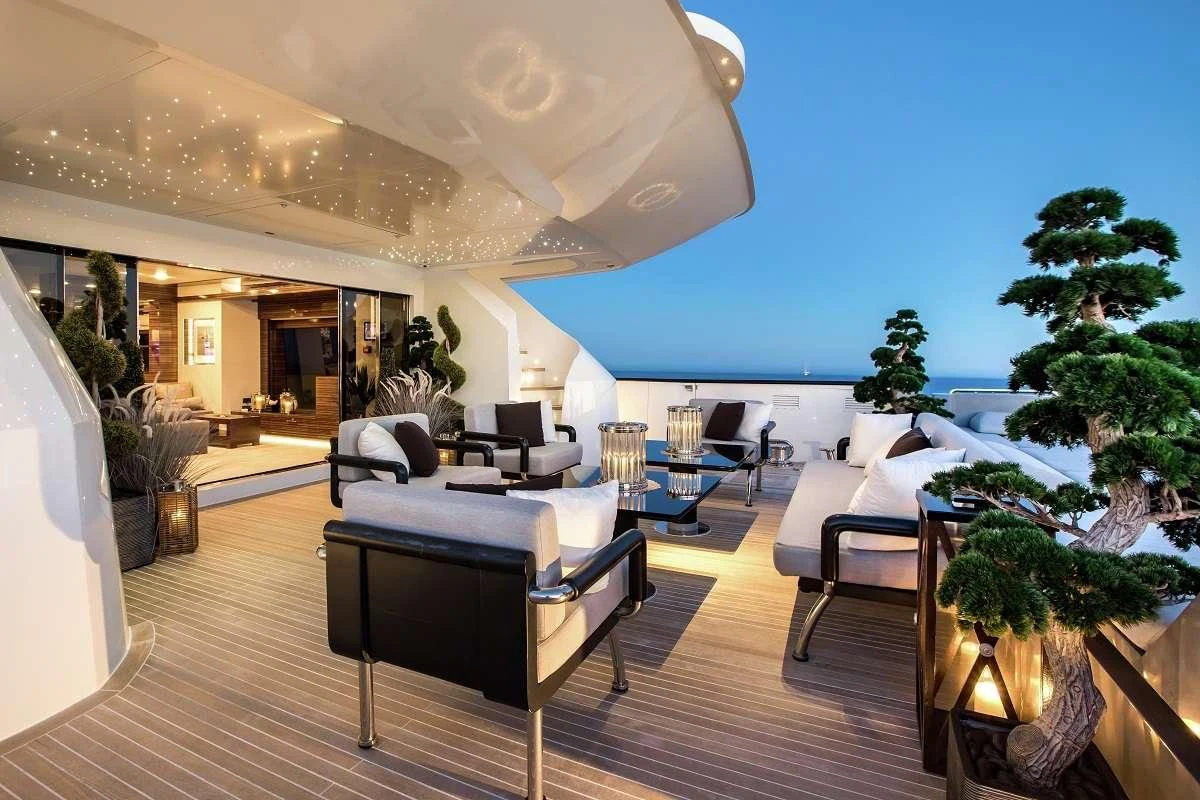 a modern living room with a large open floor plan aboard GEMS 2 Yacht for Sale