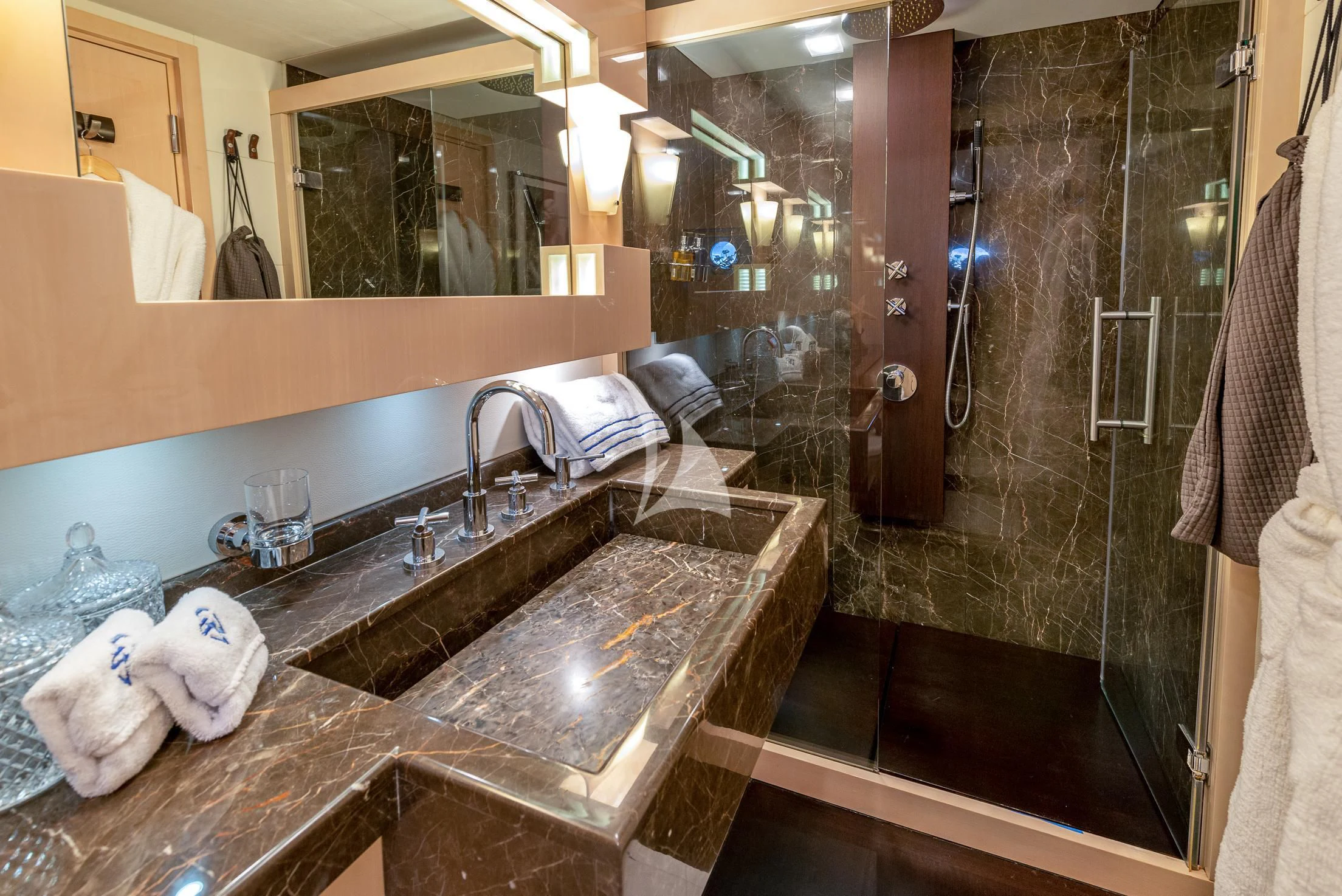a bathroom with a large countertop aboard GEMS 2 Yacht for Sale