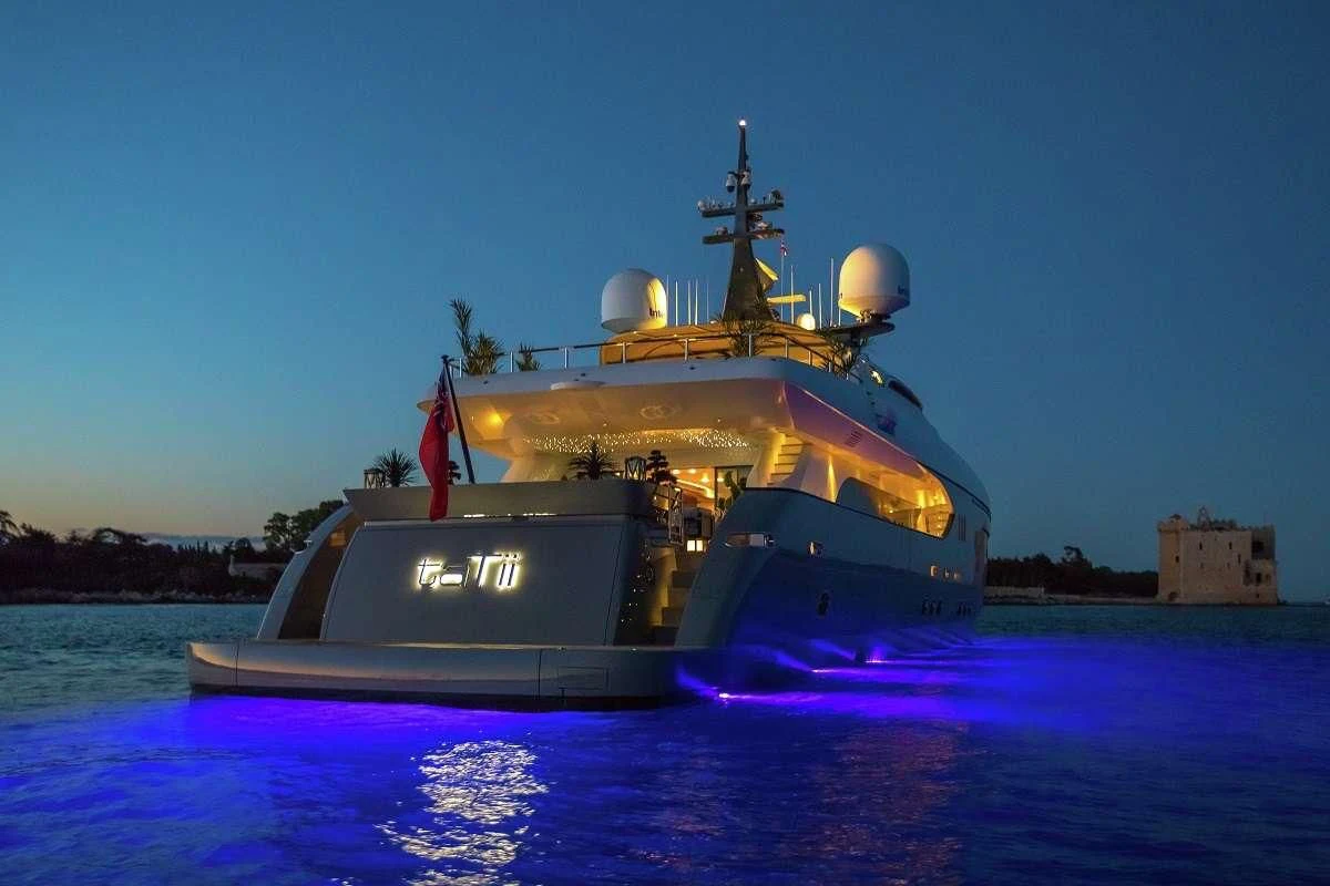 a large ship in the water aboard GEMS 2 Yacht for Sale