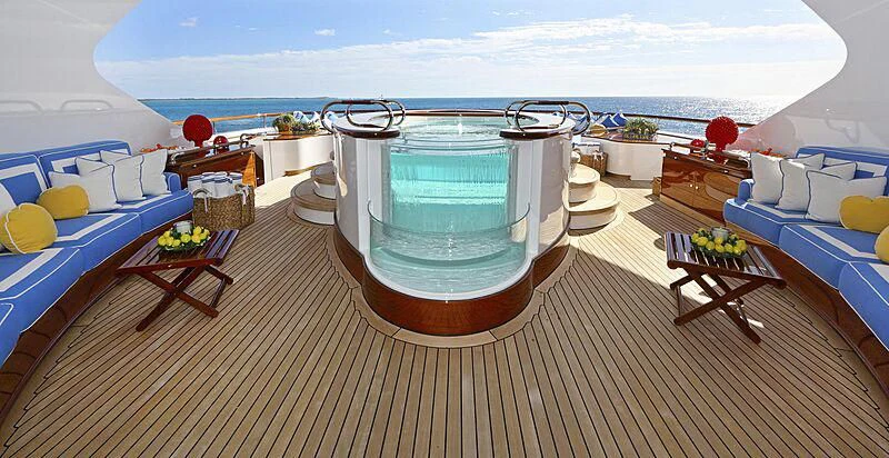a room with a pool and a deck with a view of the ocean aboard TANUSHA Yacht for Sale