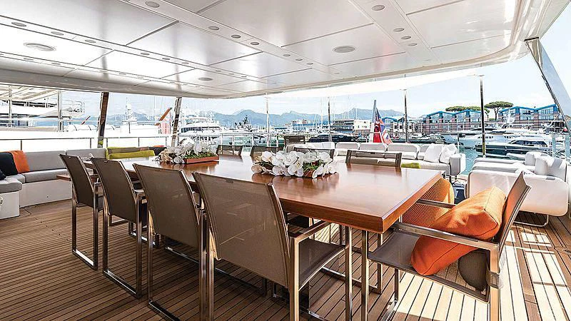 a room with tables and chairs aboard ABVIOS Yacht for Sale
