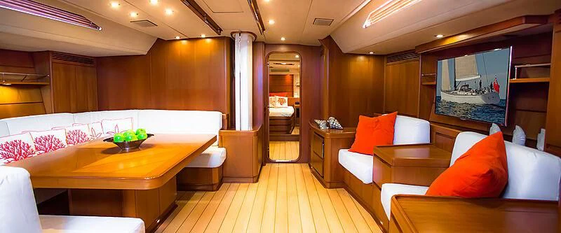 a room with a table and couches aboard KIWI Yacht for Sale