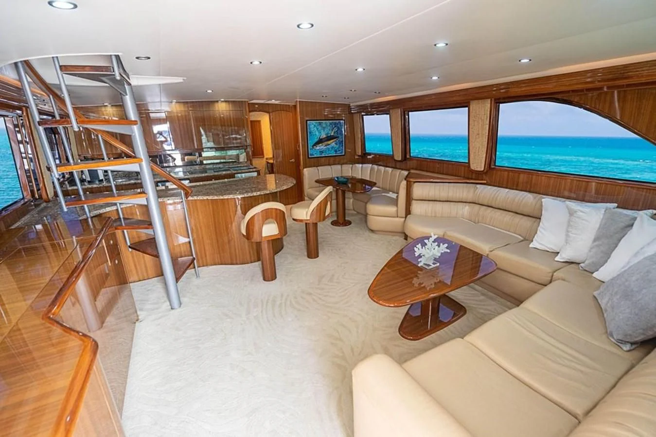 a living room with a large window aboard KNOT RACING Yacht for Sale