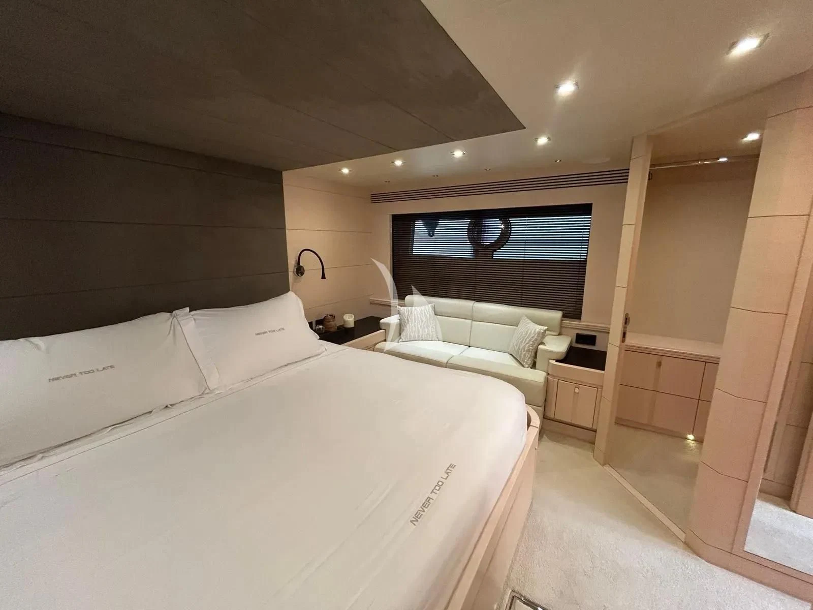 a room with two beds aboard NEVER TOO LATE Yacht for Charter